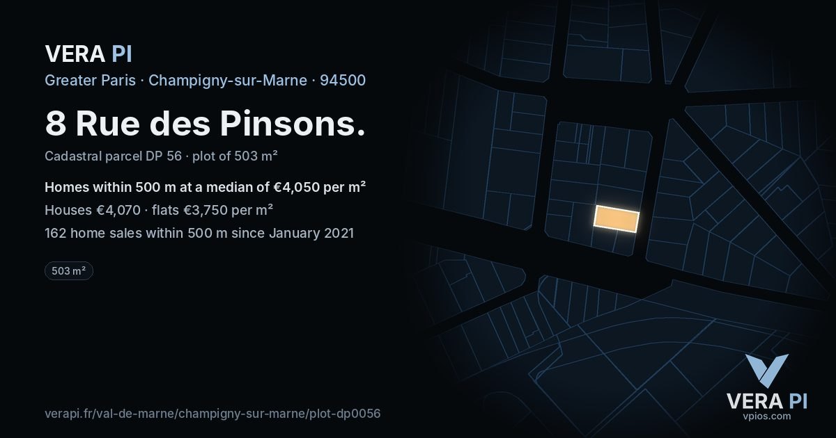 8 Rue des Pinsons, Champigny-sur-Marne at night – the plot lit, the parcels around coloured by the prices near them