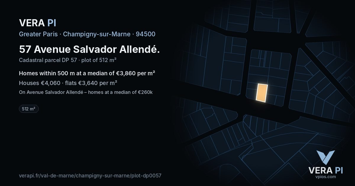 57 Avenue Salvador Allendé, Champigny-sur-Marne at night – the plot lit, the parcels around coloured by the prices near them