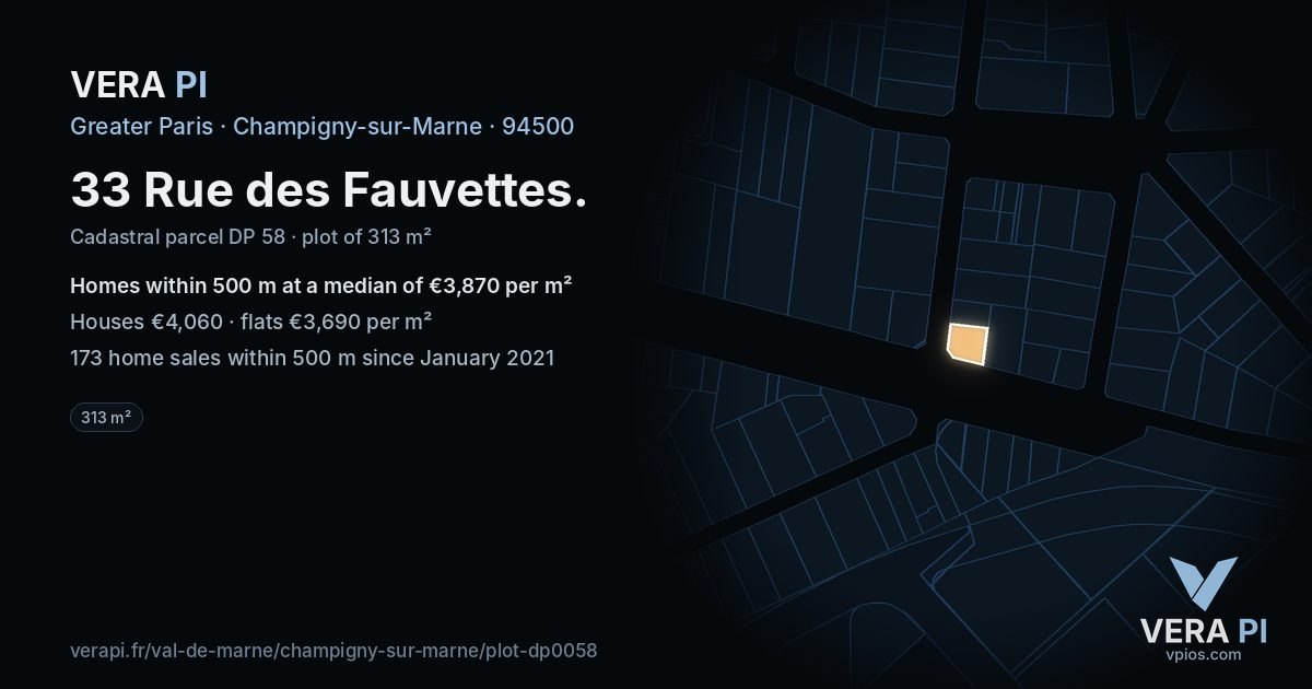 33 Rue des Fauvettes, Champigny-sur-Marne at night – the plot lit, the parcels around coloured by the prices near them