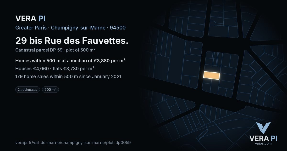 29 bis Rue des Fauvettes, Champigny-sur-Marne at night – the plot lit, the parcels around coloured by the prices near them