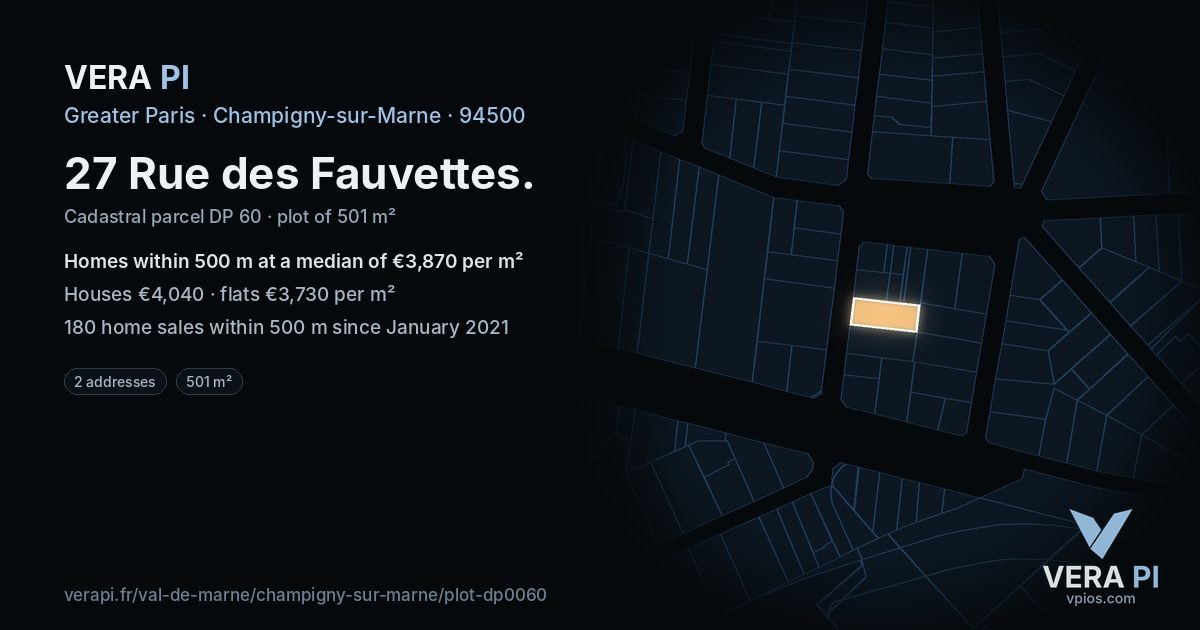 27 Rue des Fauvettes, Champigny-sur-Marne at night – the plot lit, the parcels around coloured by the prices near them