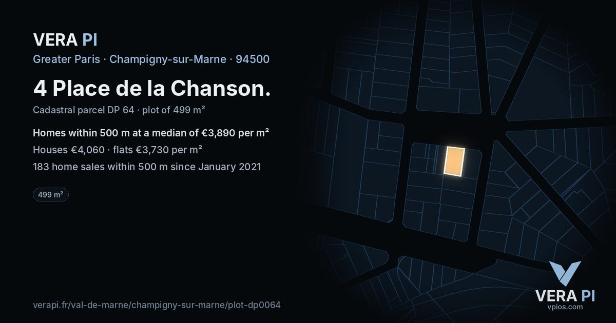 4 Place de la Chanson, Champigny-sur-Marne at night – the plot lit, the parcels around coloured by the prices near them