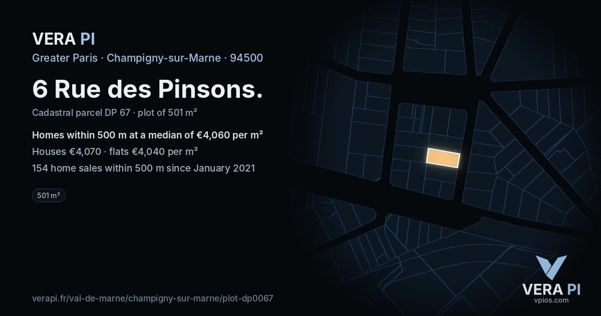 6 Rue des Pinsons, Champigny-sur-Marne at night – the plot lit, the parcels around coloured by the prices near them