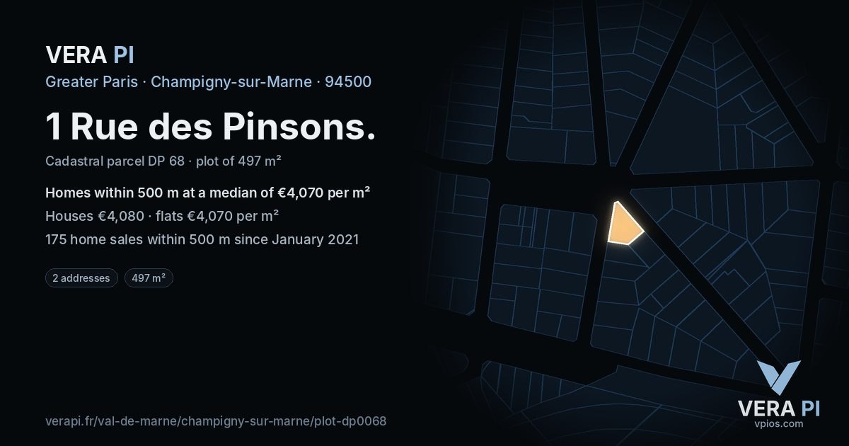 1 Rue des Pinsons, Champigny-sur-Marne at night – the plot lit, the parcels around coloured by the prices near them