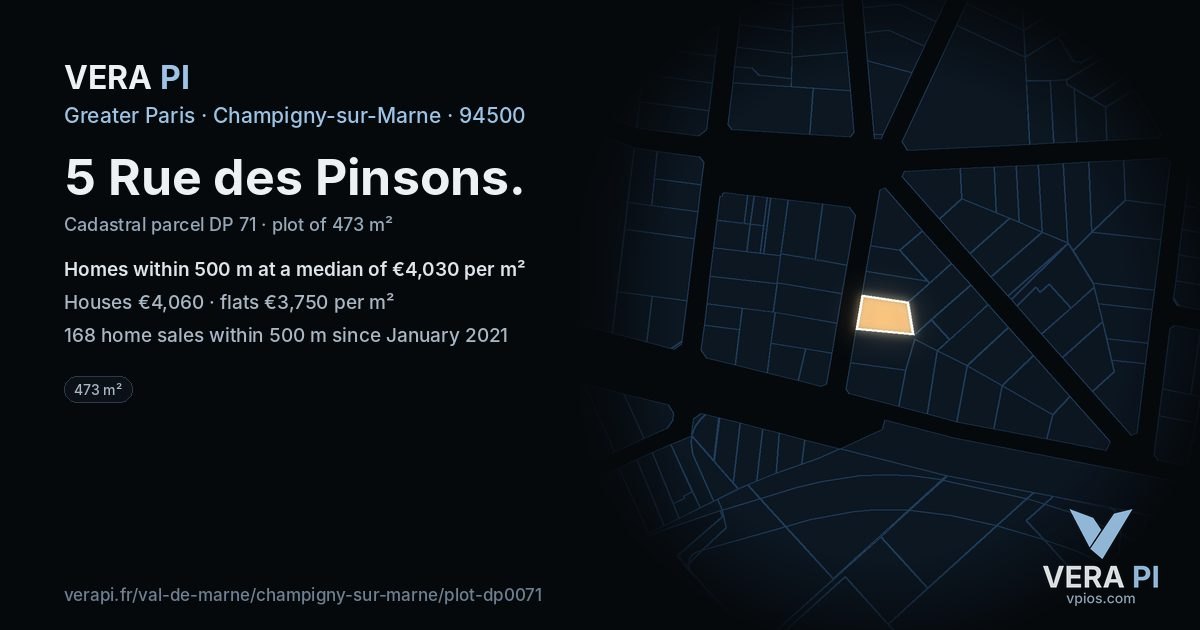 5 Rue des Pinsons, Champigny-sur-Marne at night – the plot lit, the parcels around coloured by the prices near them