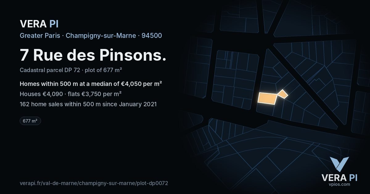 7 Rue des Pinsons, Champigny-sur-Marne at night – the plot lit, the parcels around coloured by the prices near them