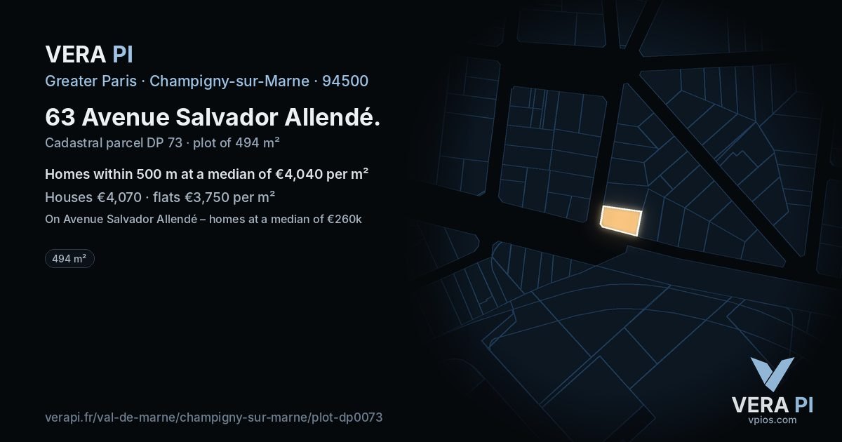 63 Avenue Salvador Allendé, Champigny-sur-Marne at night – the plot lit, the parcels around coloured by the prices near them