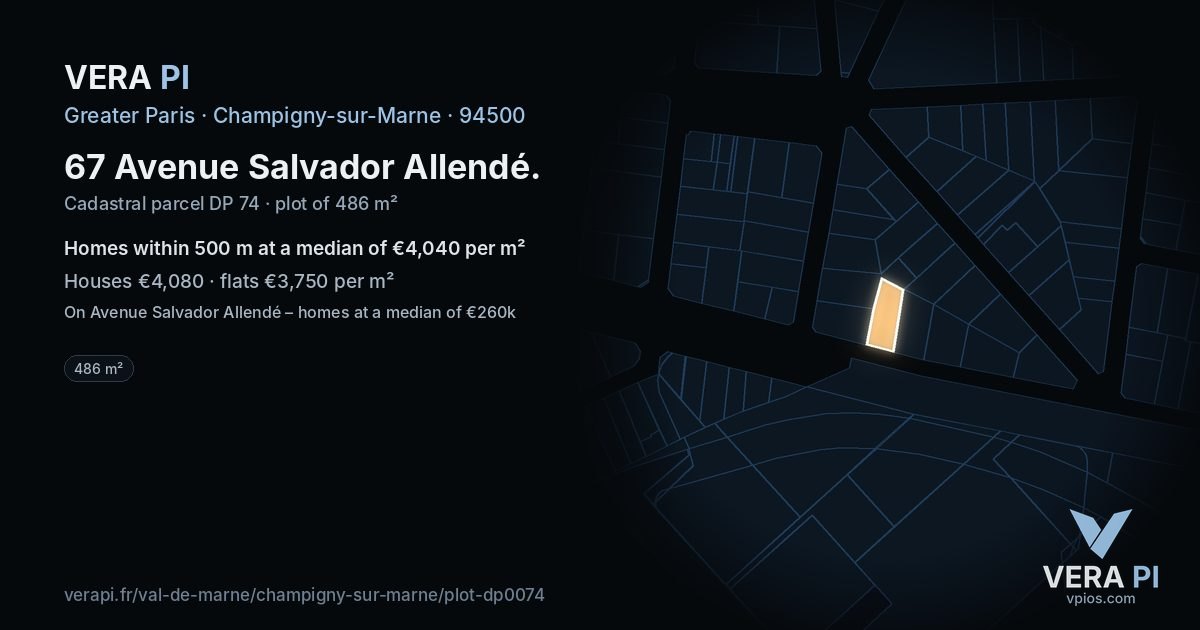 67 Avenue Salvador Allendé, Champigny-sur-Marne at night – the plot lit, the parcels around coloured by the prices near them