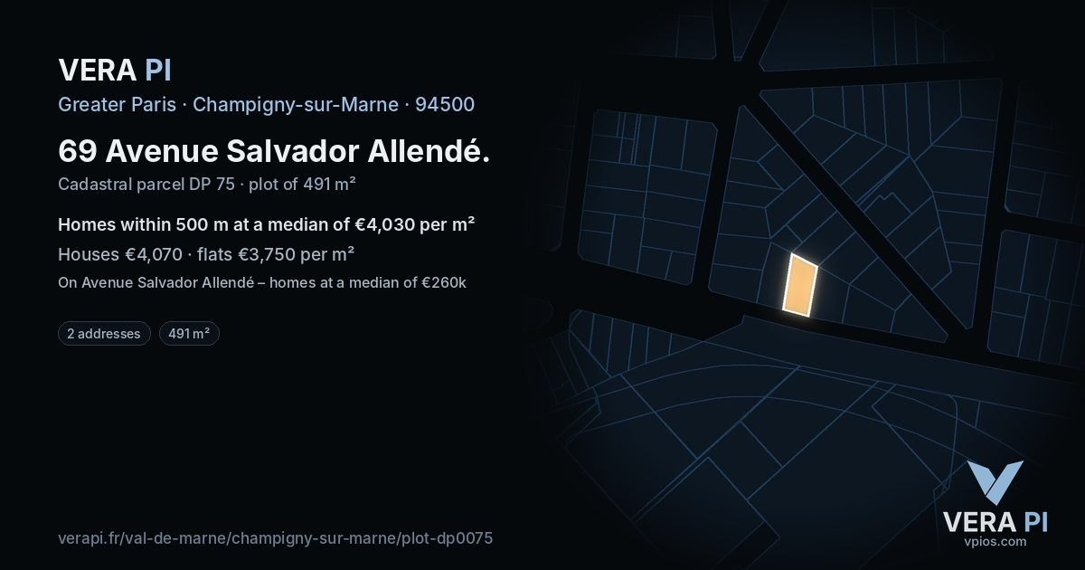 69 Avenue Salvador Allendé, Champigny-sur-Marne at night – the plot lit, the parcels around coloured by the prices near them
