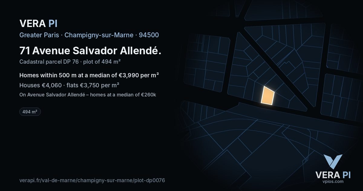 71 Avenue Salvador Allendé, Champigny-sur-Marne at night – the plot lit, the parcels around coloured by the prices near them