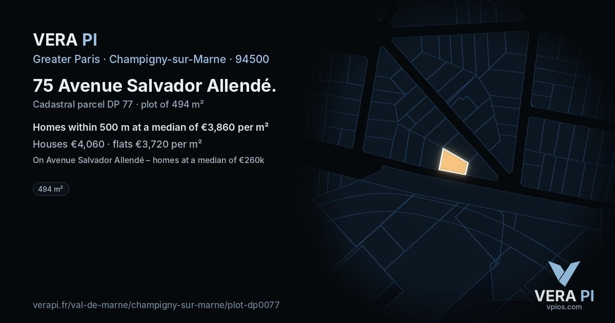 75 Avenue Salvador Allendé, Champigny-sur-Marne at night – the plot lit, the parcels around coloured by the prices near them