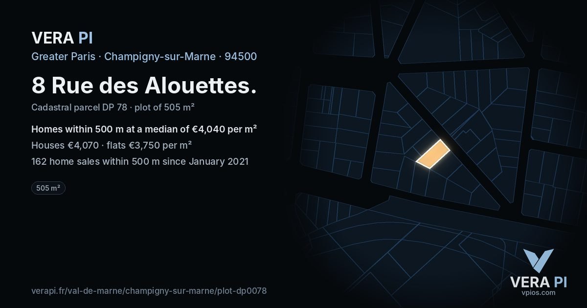 8 Rue des Alouettes, Champigny-sur-Marne at night – the plot lit, the parcels around coloured by the prices near them