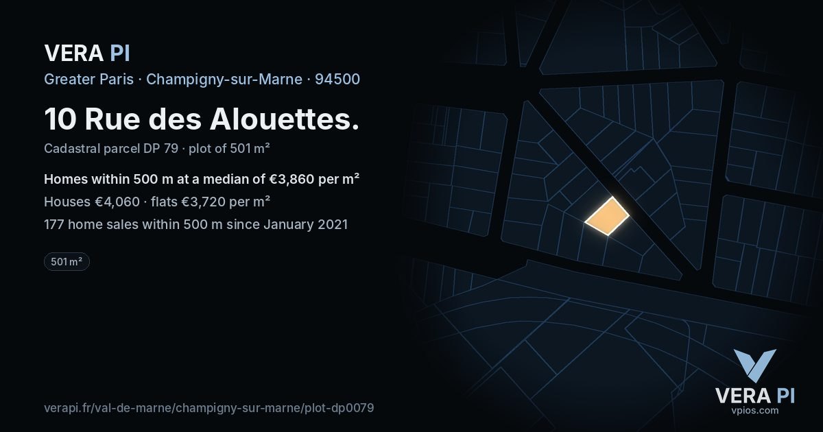 10 Rue des Alouettes, Champigny-sur-Marne at night – the plot lit, the parcels around coloured by the prices near them