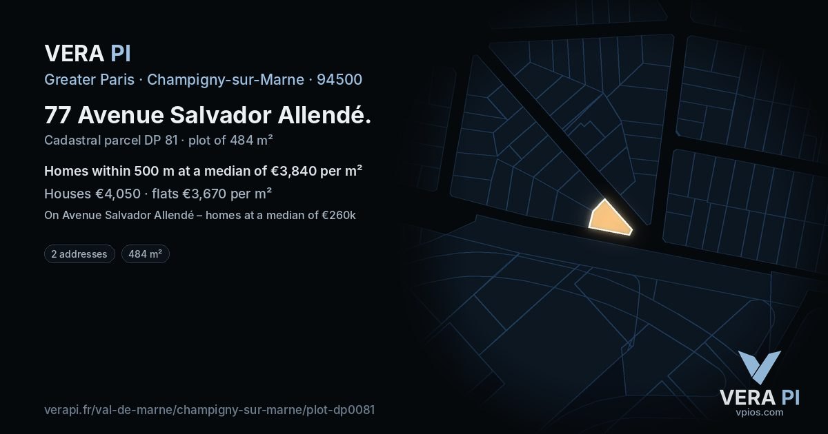 77 Avenue Salvador Allendé, Champigny-sur-Marne at night – the plot lit, the parcels around coloured by the prices near them