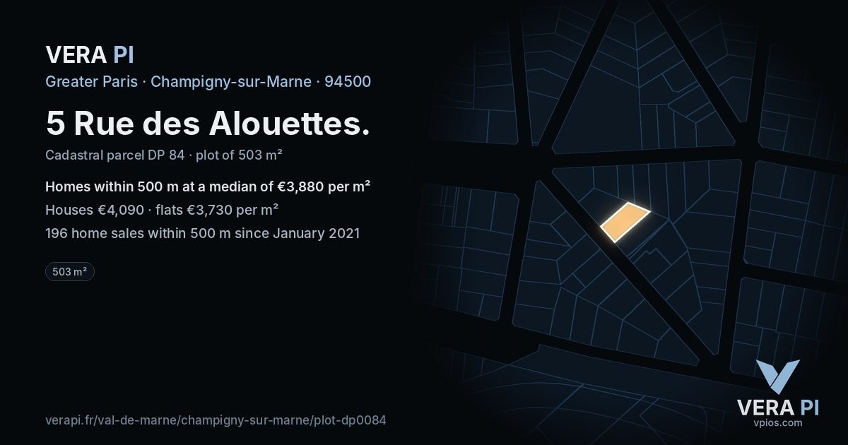 5 Rue des Alouettes, Champigny-sur-Marne at night – the plot lit, the parcels around coloured by the prices near them