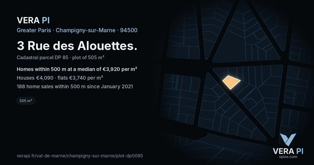 3 Rue des Alouettes, Champigny-sur-Marne at night – the plot lit, the parcels around coloured by the prices near them