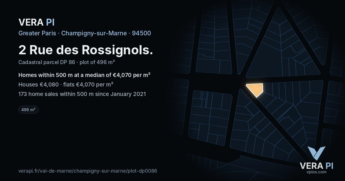 2 Rue des Rossignols, Champigny-sur-Marne at night – the plot lit, the parcels around coloured by the prices near them