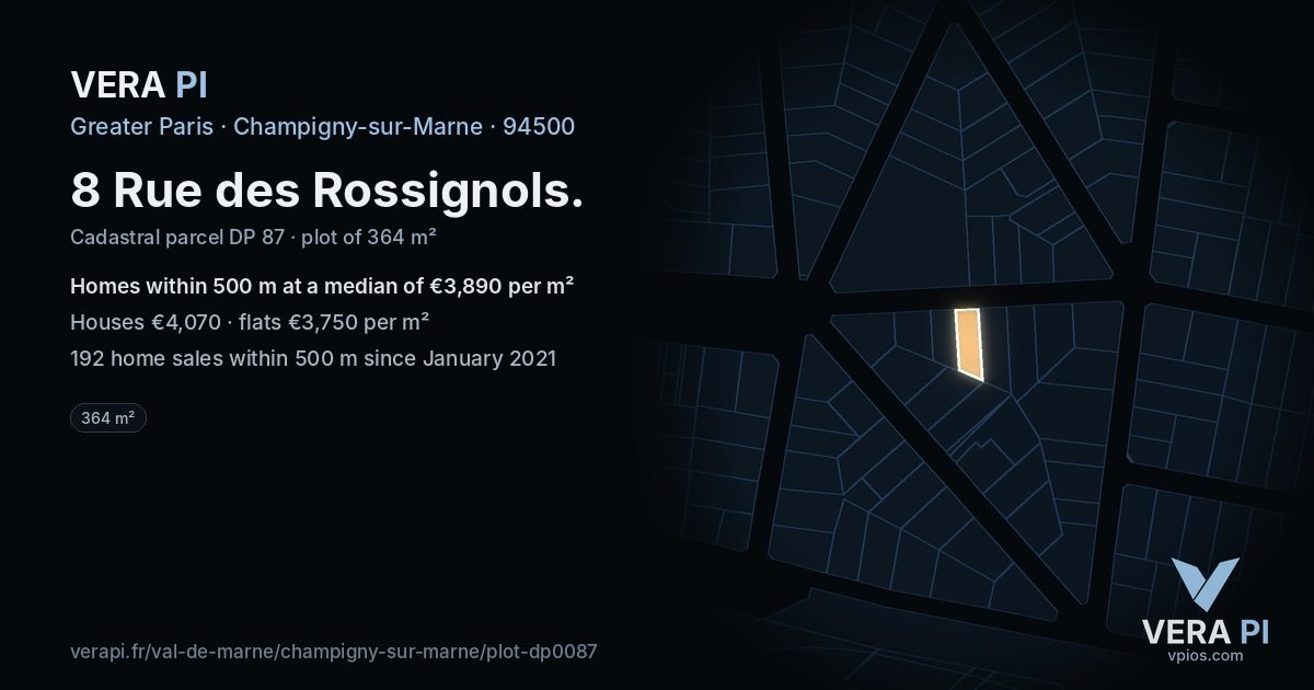 8 Rue des Rossignols, Champigny-sur-Marne at night – the plot lit, the parcels around coloured by the prices near them