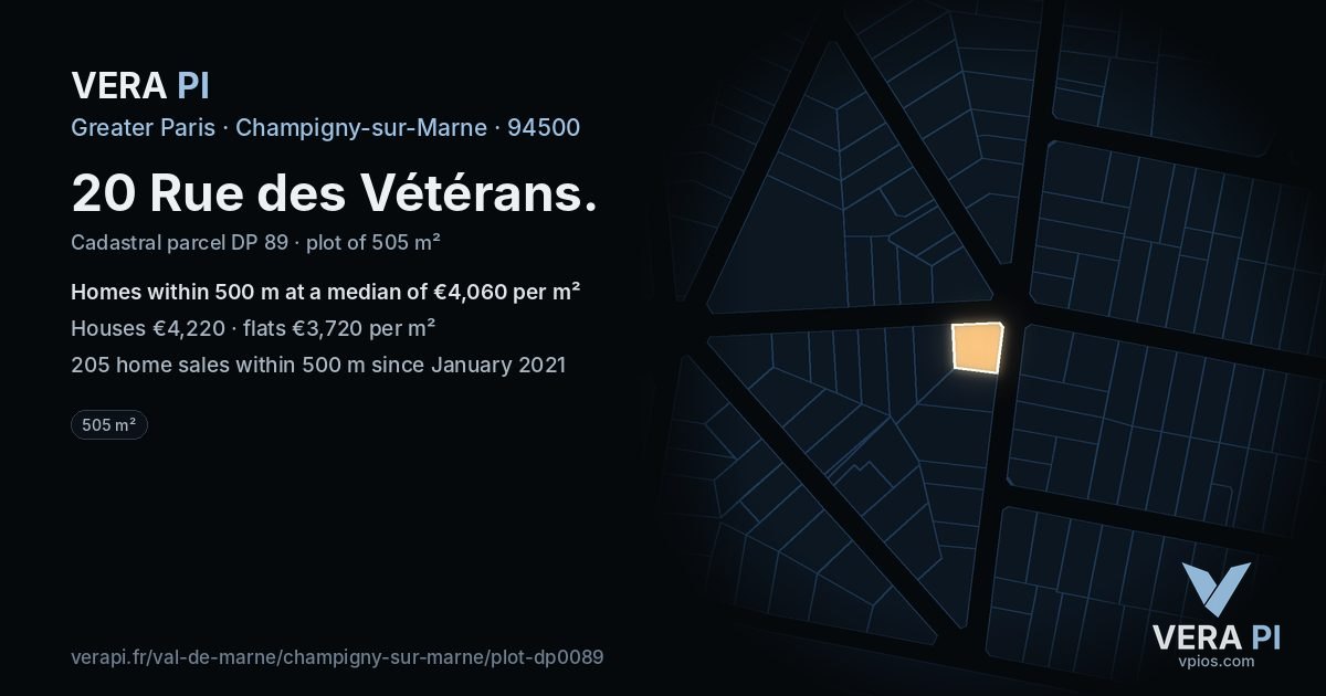 20 Rue des Vétérans, Champigny-sur-Marne at night – the plot lit, the parcels around coloured by the prices near them