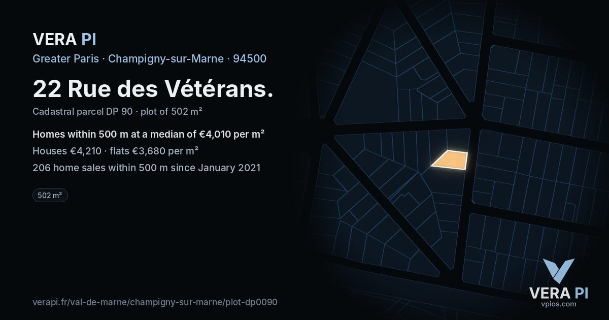 22 Rue des Vétérans, Champigny-sur-Marne at night – the plot lit, the parcels around coloured by the prices near them