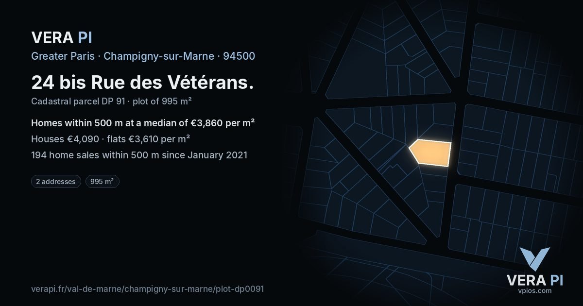 24 bis Rue des Vétérans, Champigny-sur-Marne at night – the plot lit, the parcels around coloured by the prices near them