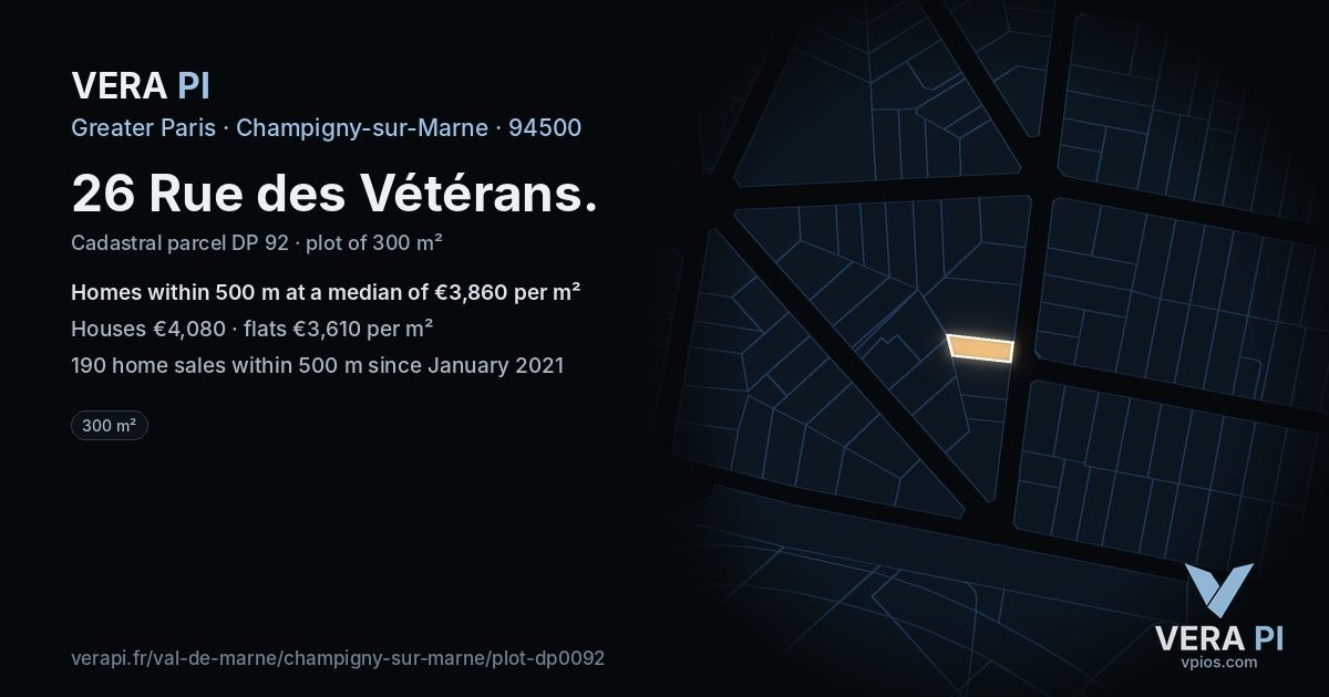 26 Rue des Vétérans, Champigny-sur-Marne at night – the plot lit, the parcels around coloured by the prices near them