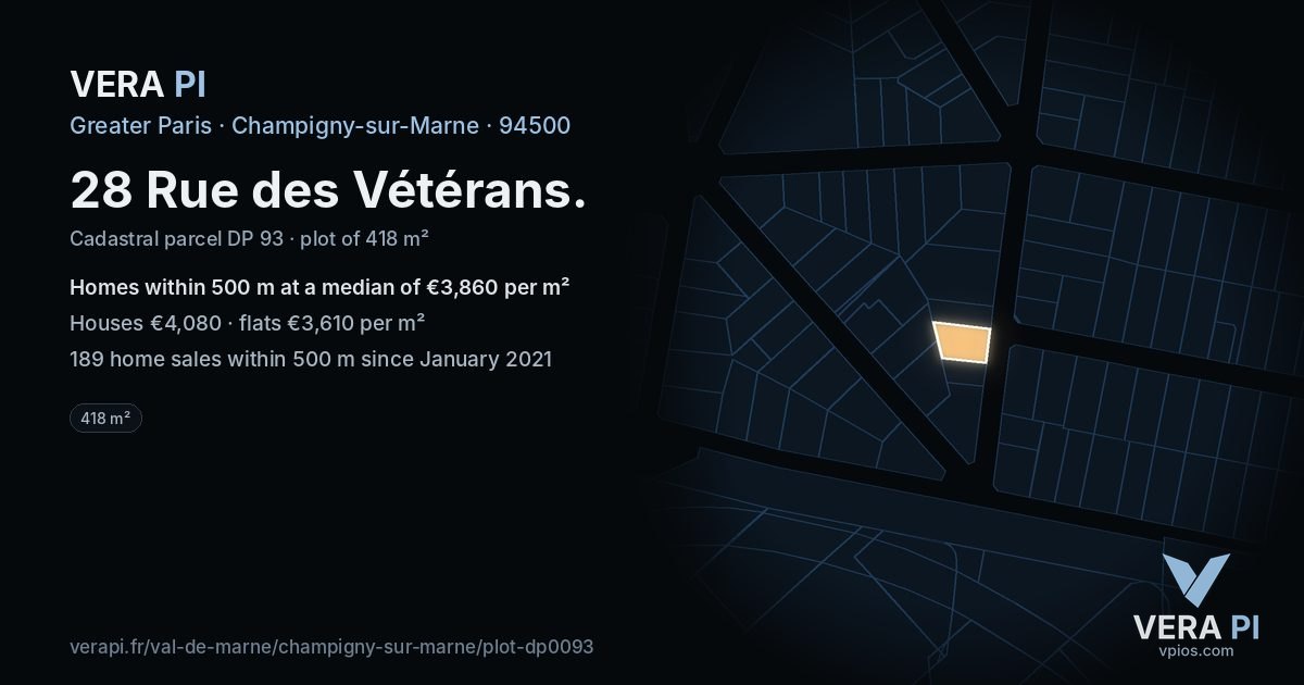 28 Rue des Vétérans, Champigny-sur-Marne at night – the plot lit, the parcels around coloured by the prices near them