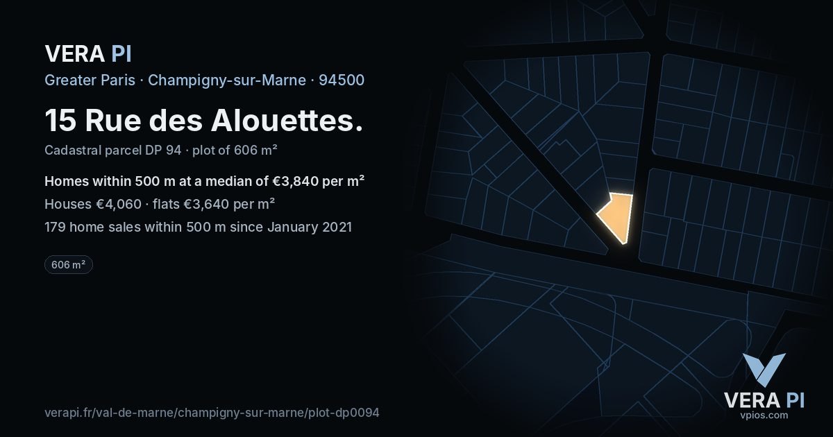 15 Rue des Alouettes, Champigny-sur-Marne at night – the plot lit, the parcels around coloured by the prices near them