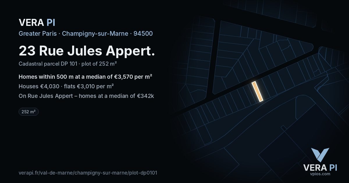 23 Rue Jules Appert, Champigny-sur-Marne at night – the plot lit, the parcels around coloured by the prices near them