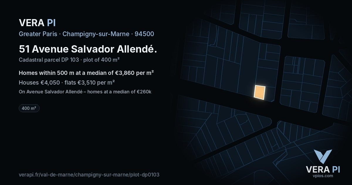 51 Avenue Salvador Allendé, Champigny-sur-Marne at night – the plot lit, the parcels around coloured by the prices near them