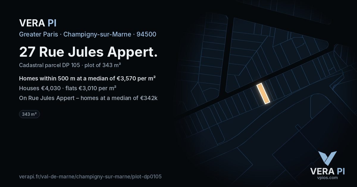 27 Rue Jules Appert, Champigny-sur-Marne at night – the plot lit, the parcels around coloured by the prices near them