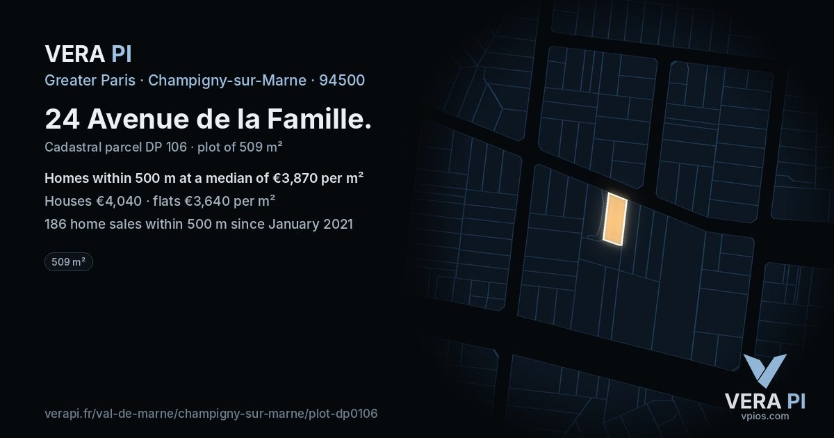 24 Avenue de la Famille, Champigny-sur-Marne at night – the plot lit, the parcels around coloured by the prices near them