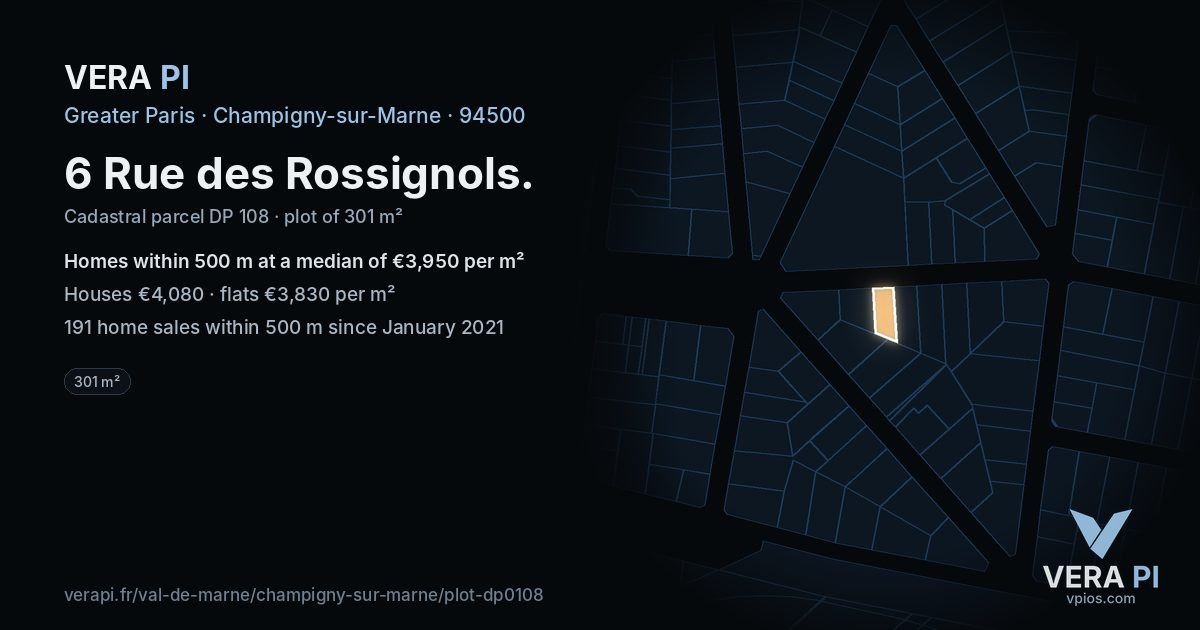 6 Rue des Rossignols, Champigny-sur-Marne at night – the plot lit, the parcels around coloured by the prices near them