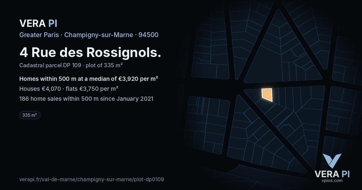 4 Rue des Rossignols, Champigny-sur-Marne at night – the plot lit, the parcels around coloured by the prices near them
