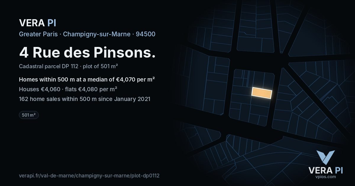 4 Rue des Pinsons, Champigny-sur-Marne at night – the plot lit, the parcels around coloured by the prices near them