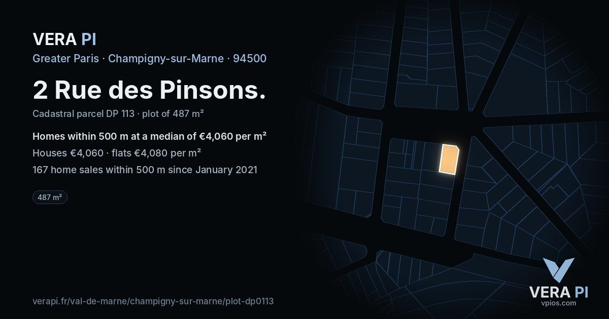 2 Rue des Pinsons, Champigny-sur-Marne at night – the plot lit, the parcels around coloured by the prices near them