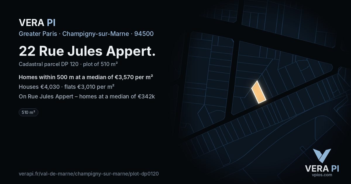22 Rue Jules Appert, Champigny-sur-Marne at night – the plot lit, the parcels around coloured by the prices near them