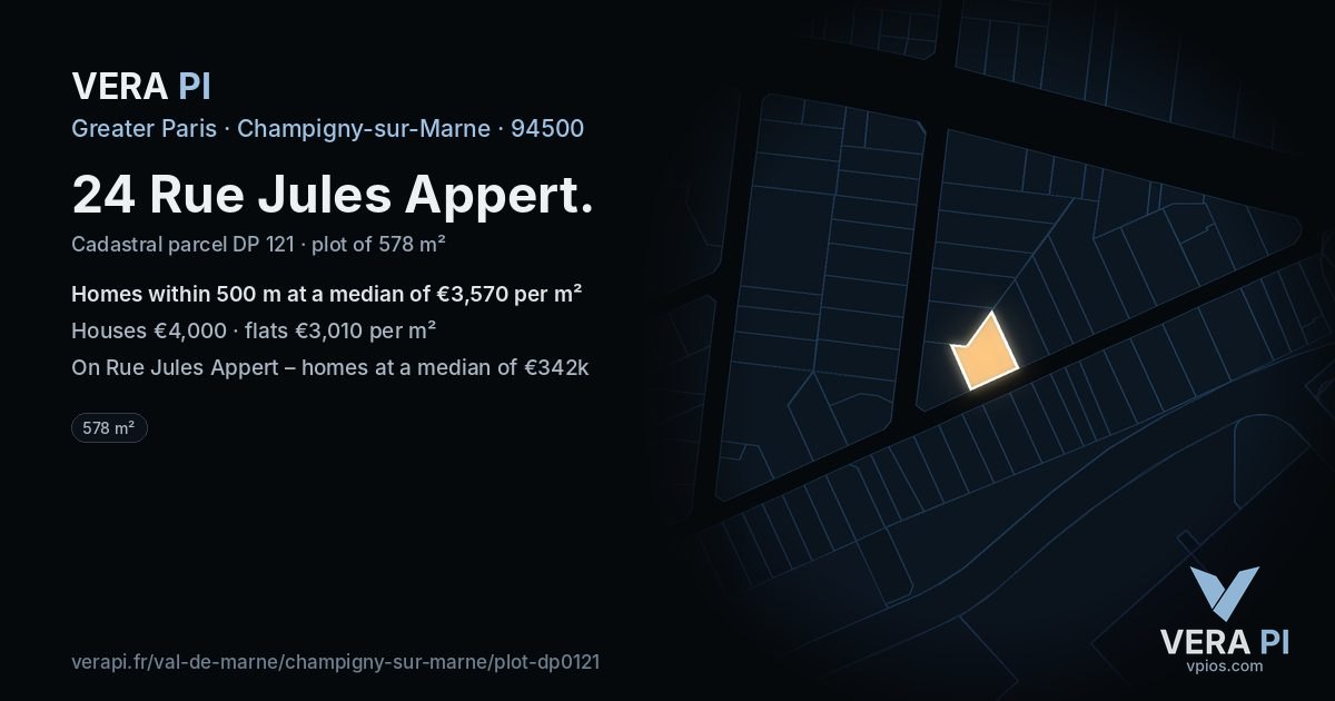 24 Rue Jules Appert, Champigny-sur-Marne at night – the plot lit, the parcels around coloured by the prices near them