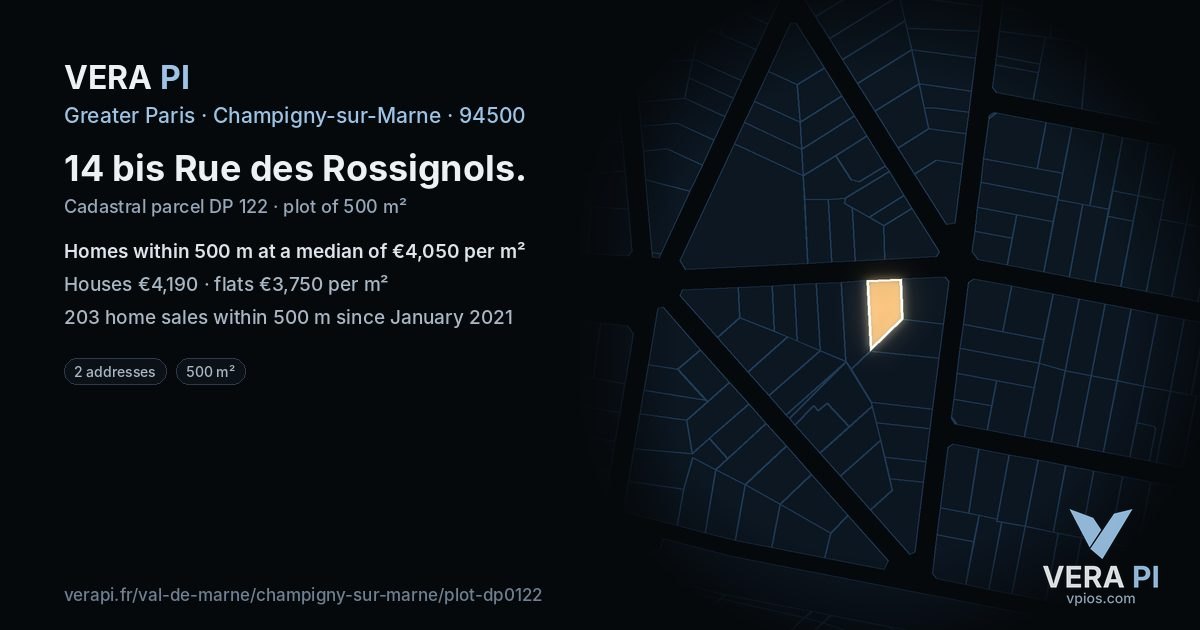 14 bis Rue des Rossignols, Champigny-sur-Marne at night – the plot lit, the parcels around coloured by the prices near them