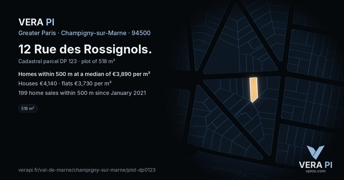 12 Rue des Rossignols, Champigny-sur-Marne at night – the plot lit, the parcels around coloured by the prices near them