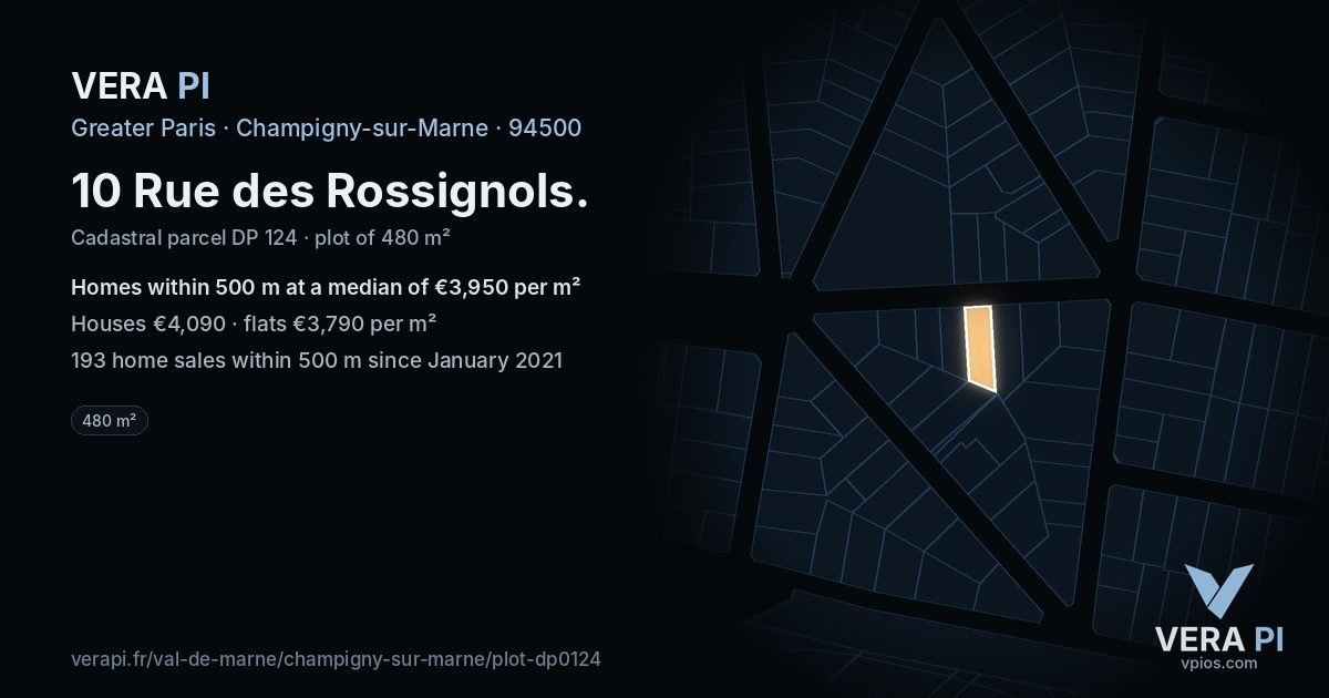 10 Rue des Rossignols, Champigny-sur-Marne at night – the plot lit, the parcels around coloured by the prices near them