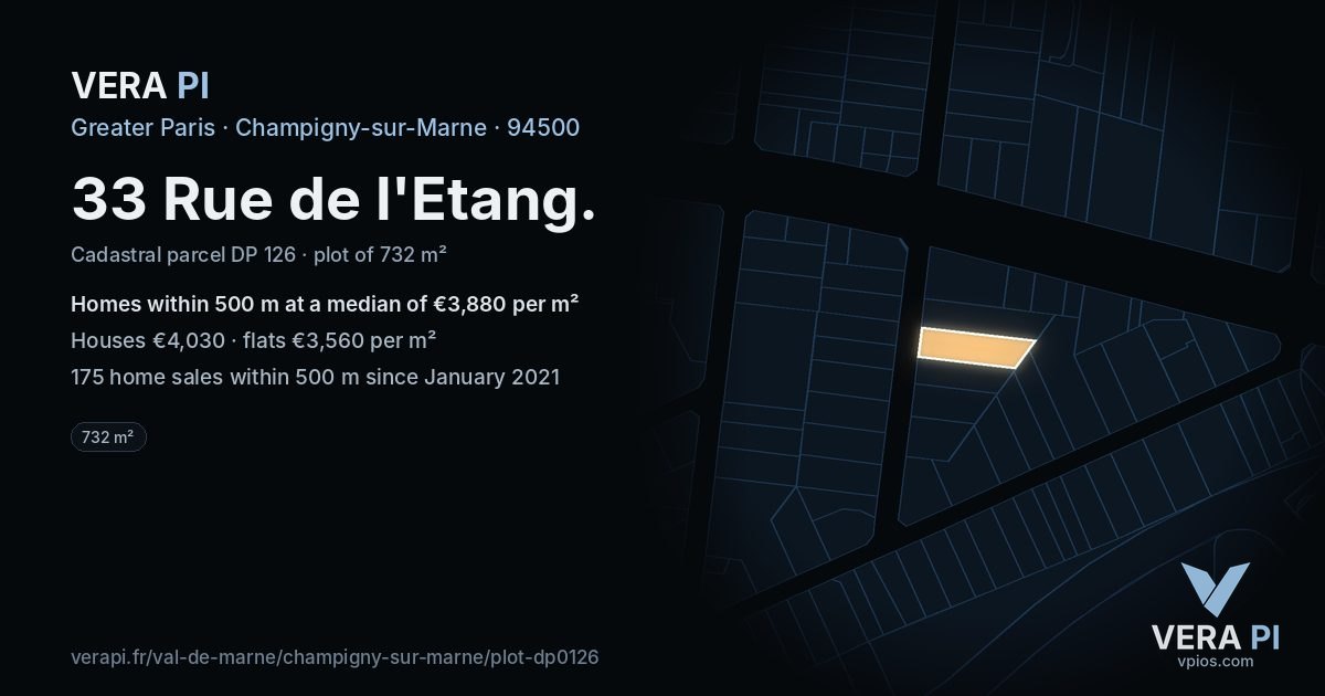 33 Rue de l'Etang, Champigny-sur-Marne at night – the plot lit, the parcels around coloured by the prices near them