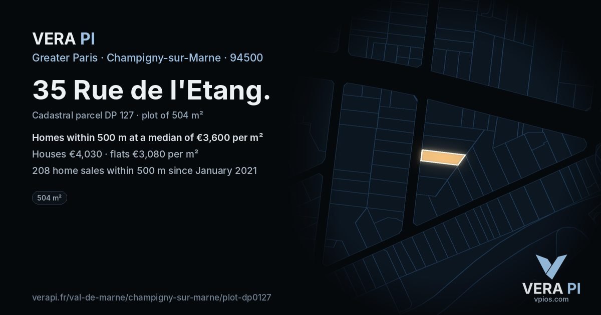 35 Rue de l'Etang, Champigny-sur-Marne at night – the plot lit, the parcels around coloured by the prices near them