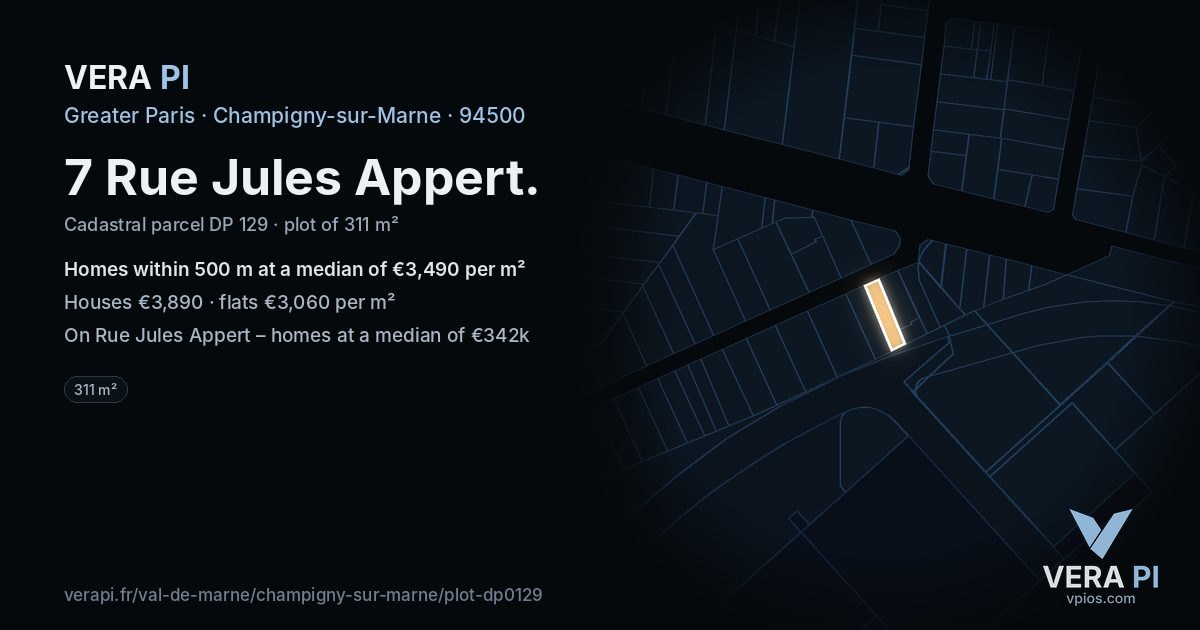 7 Rue Jules Appert, Champigny-sur-Marne at night – the plot lit, the parcels around coloured by the prices near them