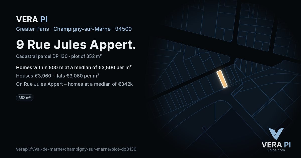 9 Rue Jules Appert, Champigny-sur-Marne at night – the plot lit, the parcels around coloured by the prices near them