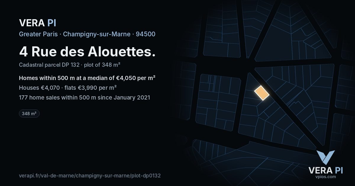 4 Rue des Alouettes, Champigny-sur-Marne at night – the plot lit, the parcels around coloured by the prices near them