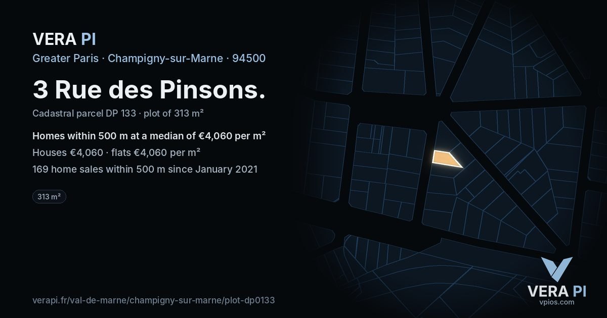 3 Rue des Pinsons, Champigny-sur-Marne at night – the plot lit, the parcels around coloured by the prices near them