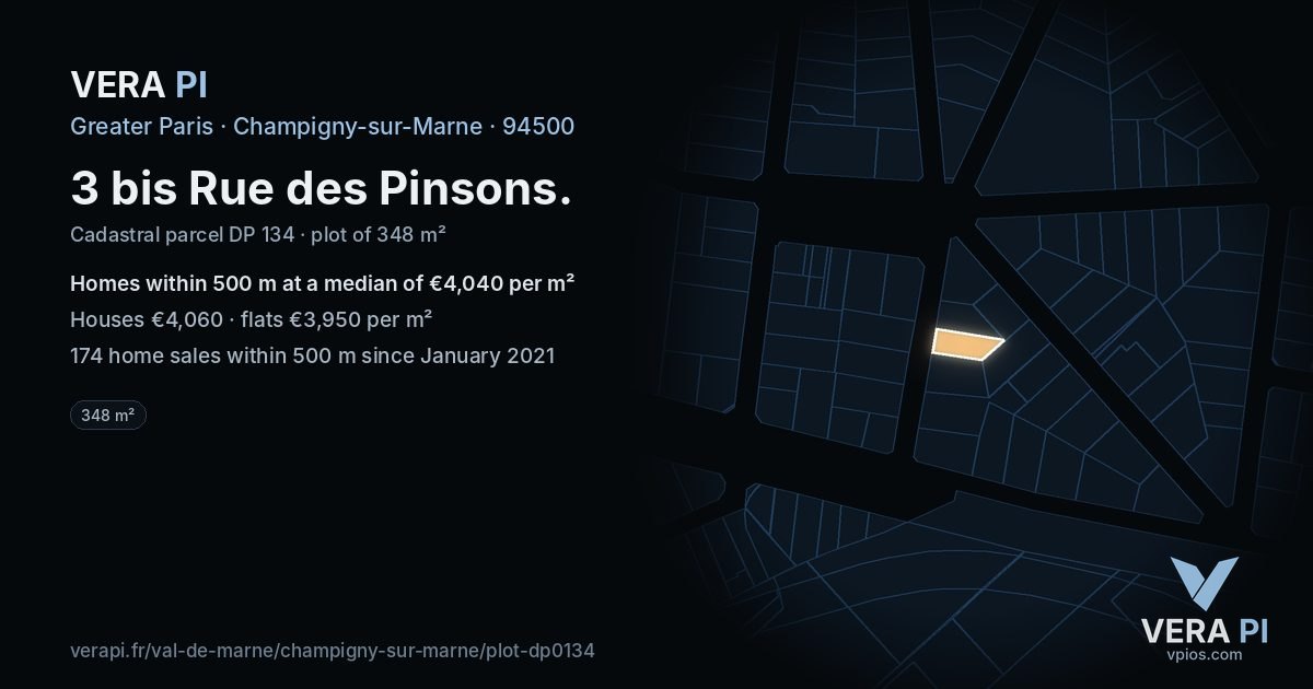 3 bis Rue des Pinsons, Champigny-sur-Marne at night – the plot lit, the parcels around coloured by the prices near them