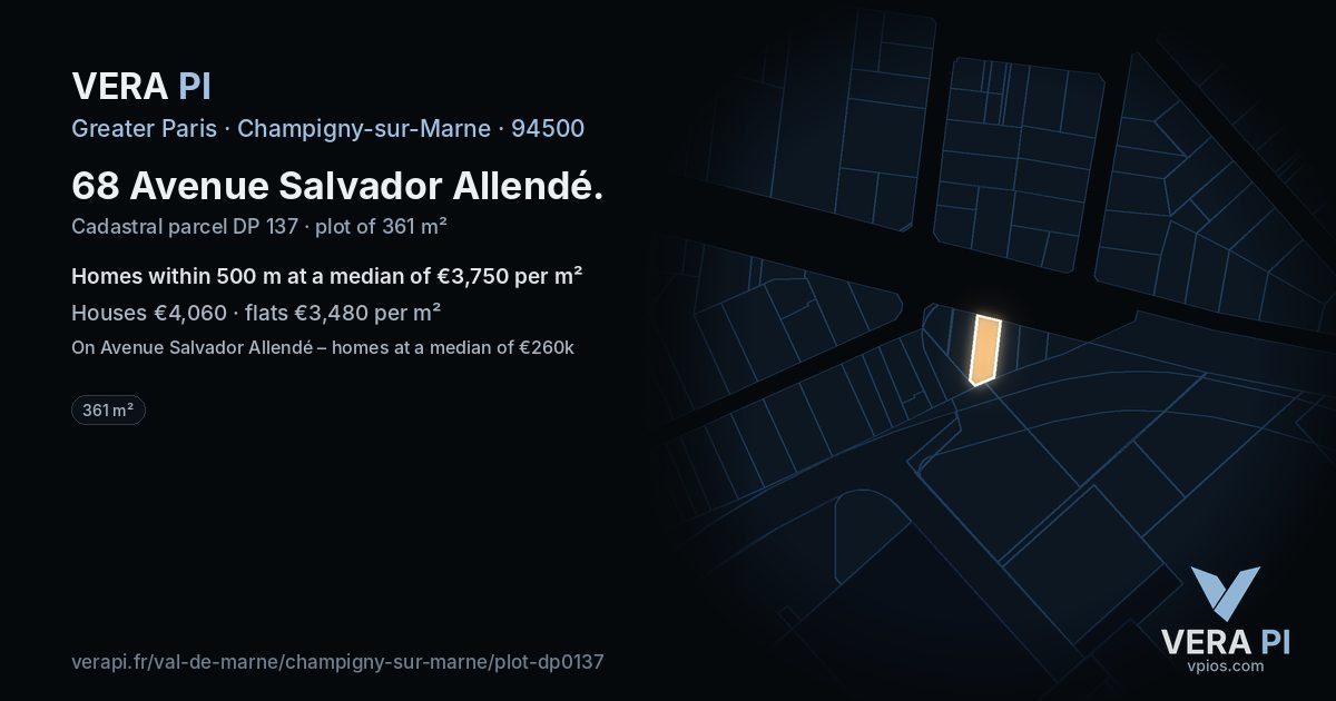 68 Avenue Salvador Allendé, Champigny-sur-Marne at night – the plot lit, the parcels around coloured by the prices near them