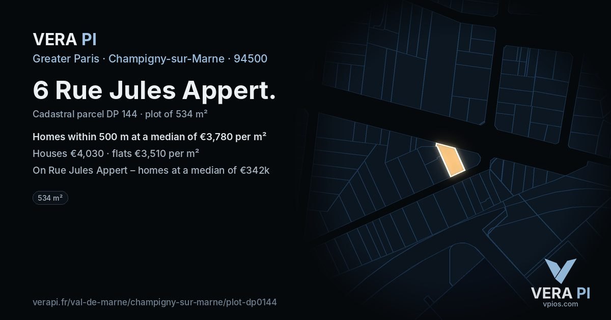 6 Rue Jules Appert, Champigny-sur-Marne at night – the plot lit, the parcels around coloured by the prices near them